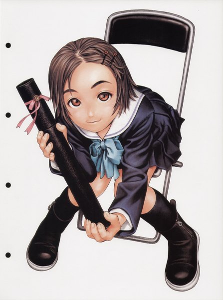 Anime picture 1280x1720 with original futurhythm (artbook) range murata single tall image looking at viewer short hair simple background smile brown hair sitting full body pleated skirt fingernails from above scan grey background orange eyes leaning leaning forward