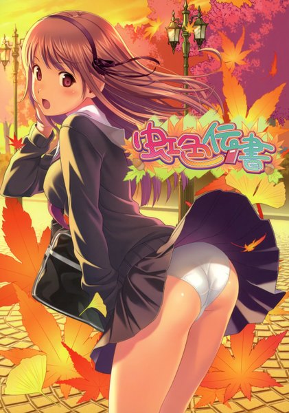 Anime picture 2107x3000 with original koutaro single tall image blush highres light erotic brown hair brown eyes absurdres ass looking back wind autumn upskirt wind lift girl skirt uniform underwear