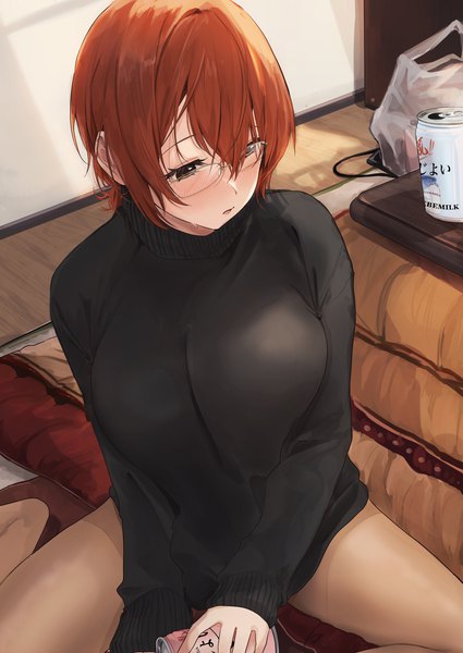 Anime picture 2504x3535 with original nagi (akito) ayubee single tall image blush fringe highres short hair breasts open mouth light erotic hair between eyes large breasts sitting holding brown eyes looking away indoors long sleeves