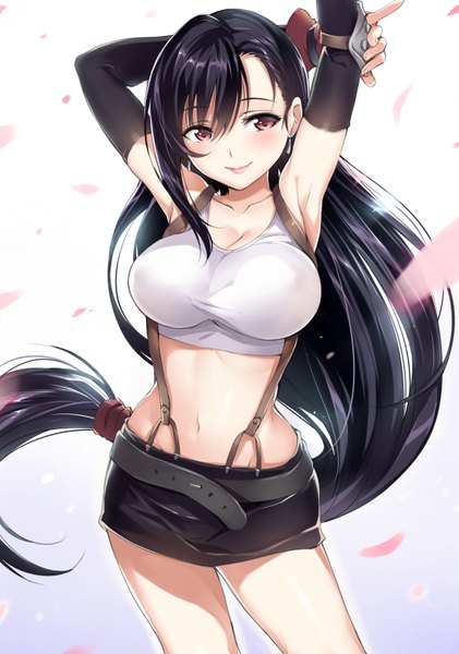 Anime picture 1144x1632 with final fantasy final fantasy vii square enix tifa lockhart senri gan single tall image looking at viewer blush fringe breasts light erotic smile large breasts brown eyes cleavage very long hair lips bare belly armpit (armpits)