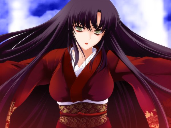 Anime picture 1024x768 with insai no shima long hair black hair game cg japanese clothes grey eyes girl kimono
