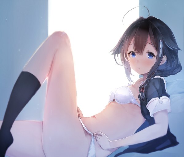 Anime picture 1200x1025 with kantai collection shigure destroyer sumisu (mondo) single long hair looking at viewer blush blue eyes light erotic brown hair bent knee (knees) braid (braids) bare belly embarrassed no shoes single braid reclining leg lift (legs lift) adjusting clothes girl