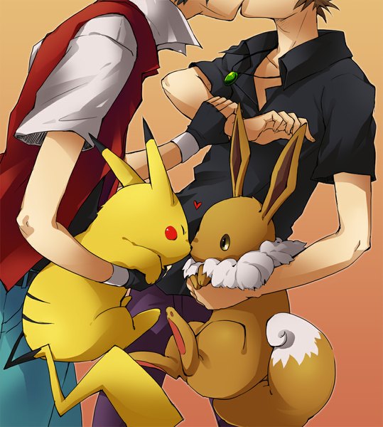 Anime picture 1000x1113 with pokemon nintendo game freak (studio) pikachu red (pokemon) eevee green (pokemon) tagme (artist) tall image short hair brown hair yellow eyes multiple boys couple kiss shounen ai dual persona orange background gen 1 pokemon boy