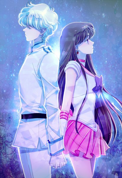 Anime picture 779x1128 with bishoujo senshi sailor moon toei animation sailor mars jadeite (sailor moon) saki (hxaxcxk) long hair tall image short hair blue eyes black hair standing purple eyes white hair very long hair profile pleated skirt couple holding hands back to back girl