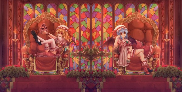 Anime picture 1582x800 with touhou flandre scarlet remilia scarlet arkas (artist) long hair looking at viewer fringe short hair blonde hair smile red eyes wide image sitting multiple girls holding blue hair looking away indoors arm support teeth