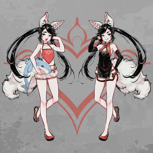Anime picture 1024x1024 with original robot cat long hair looking at viewer fringe open mouth black hair smile standing twintails holding brown eyes animal ears full body tail traditional clothes animal tail arm up grey background facial mark