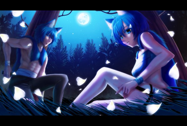 Anime picture 2400x1620 with vocaloid jinrou kyoushikyoku kaito (vocaloid) kaiko starcrown looking at viewer fringe highres short hair blue eyes light erotic hair between eyes sitting holding animal ears blue hair bent knee (knees) outdoors tail animal tail