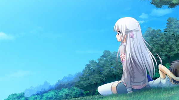 Anime picture 1024x576 with primary step long hair blue eyes wide image game cg white hair girl thighhighs plant (plants) white thighhighs tree (trees)
