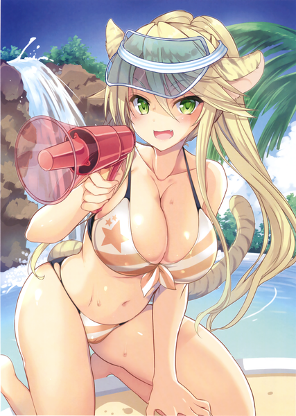 Anime picture 2230x3132 with original sanshoku amido single long hair tall image blush highres breasts open mouth light erotic blonde hair large breasts animal ears cleavage ponytail tail animal tail scan girl navel