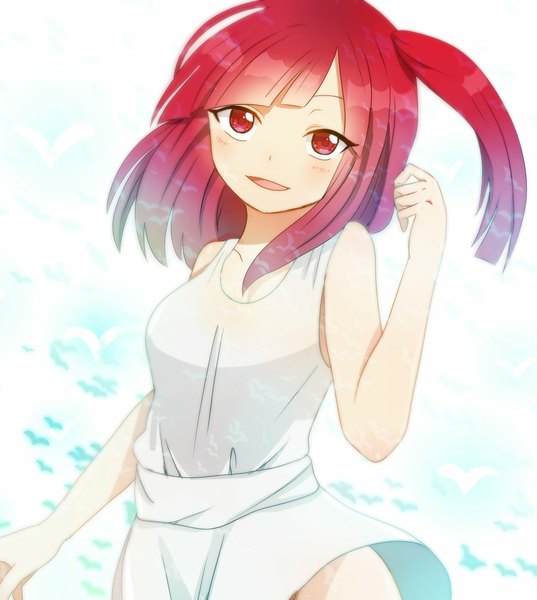 Anime picture 900x1005 with magi the labyrinth of magic a-1 pictures morgiana hinata0287 single tall image looking at viewer blush fringe short hair breasts smile red eyes red hair one side up happy girl dress white dress rukh (magi)