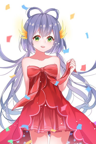 Anime picture 1080x1620 with vocaloid vocaloid china luo tianyi chuor (chuochuoi) single long hair tall image looking at viewer fringe open mouth smile standing white background twintails bare shoulders holding green eyes blue hair low twintails girl