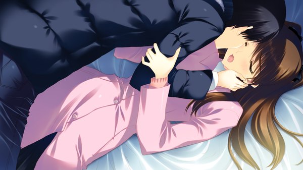 Anime picture 1280x720 with white album 2 ogiso setsuna long hair short hair open mouth black hair brown hair wide image game cg eyes closed couple girl boy jacket