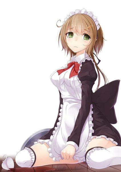Anime picture 800x1131 with original suohachi single tall image looking at viewer brown hair green eyes maid girl thighhighs dress uniform white thighhighs headdress maid headdress