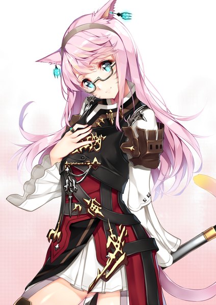 Anime picture 566x800 with final fantasy final fantasy xiv square enix miqo'te yappen single long hair tall image looking at viewer animal ears pink hair tail animal tail aqua eyes cat ears cat tail hand on chest bespectacled girl dress