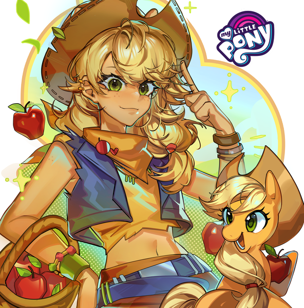 Anime picture 4585x4650 with my little pony applejack mato-c single long hair tall image blush fringe highres blonde hair smile green eyes looking away absurdres inscription open jacket sparkle midriff copyright name sleeveless