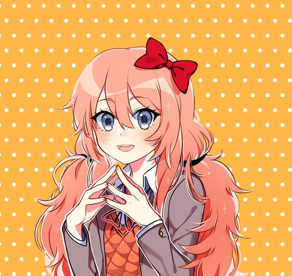 Anime picture 900x851 with doki doki literature club sayori (doki doki literature club) savi (byakushimc) single long hair looking at viewer blush fringe open mouth blue eyes simple background smile hair between eyes brown hair twintails upper body long sleeves :d open clothes low twintails