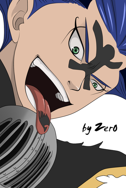 Anime picture 1024x1517 with fairy tail bickslow single tall image open mouth green eyes blue hair tattoo close-up transparent background vector boy tongue