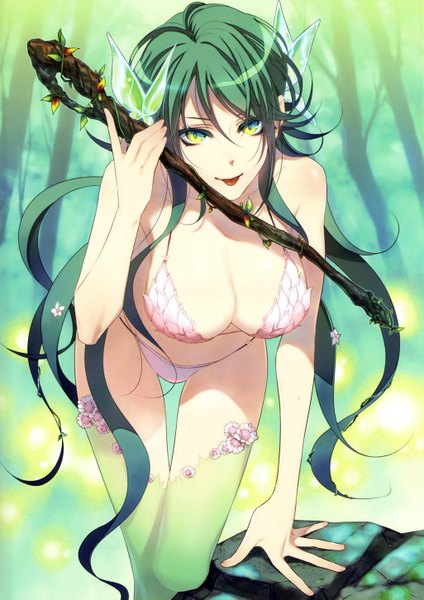 Anime picture 4102x5803 with genkai tokki monster monpiece original emaljohn single long hair tall image looking at viewer fringe highres breasts light erotic large breasts holding yellow eyes absurdres cleavage green hair midriff kneeling :p