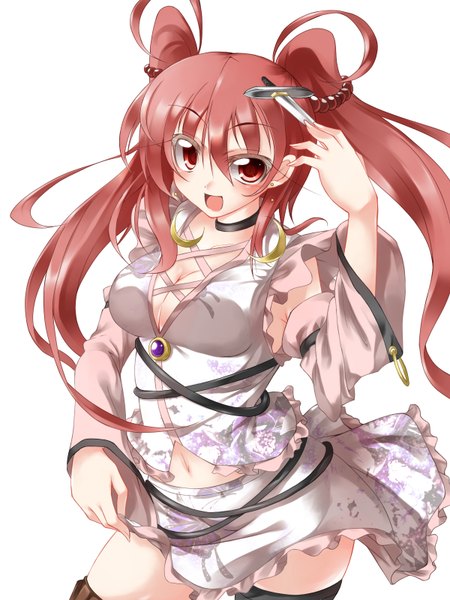 Anime picture 1200x1600 with fuyuno taka (artist) single long hair tall image open mouth red eyes white background red hair girl earrings knife