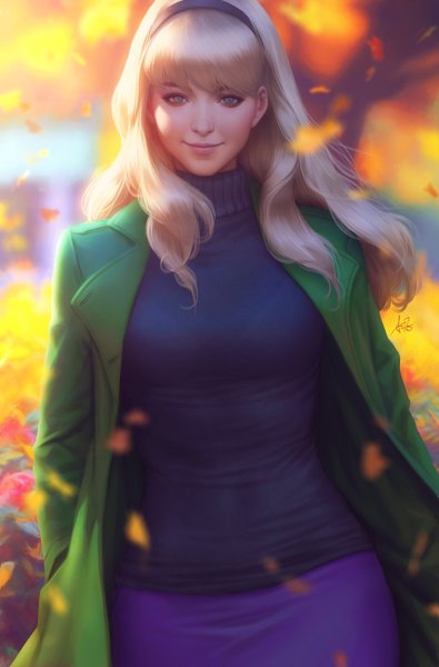 Anime-Bild 856x1300 mit marvel comics spider-man (series) gwen stacy artgerm (stanley lau) single long hair tall image looking at viewer fringe blue eyes blonde hair smile standing signed lips realistic open clothes alternate costume depth of field lipstick