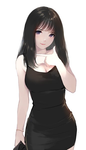 Anime picture 900x1565 with original caidychen single long hair tall image looking at viewer black hair simple background white background purple eyes bare shoulders holding light smile finger gun girl dress bracelet black dress short dress