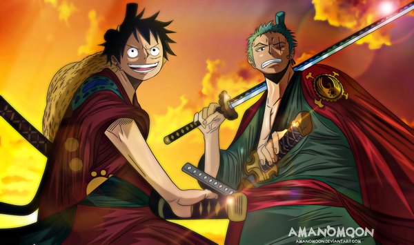 Anime picture 5188x3070 with one piece toei animation monkey d. luffy roronoa zoro amanomoon looking at viewer fringe highres short hair open mouth black hair smile wide image standing holding signed looking away absurdres cloud (clouds) upper body