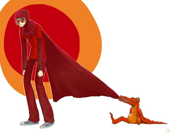 Anime picture 1280x1010 with homestuck dave strider vouloir-chan short hair simple background blonde hair white background signed boy animal glasses cape cloak sunglasses