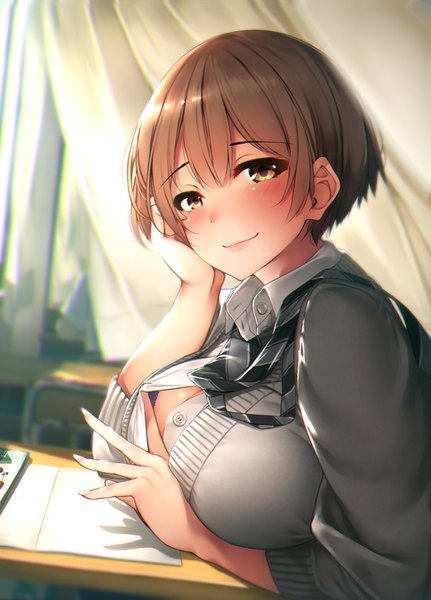 Anime picture 1058x1471 with original waterdog single tall image looking at viewer blush fringe short hair breasts light erotic smile hair between eyes brown hair large breasts brown eyes payot cleavage upper body indoors long sleeves