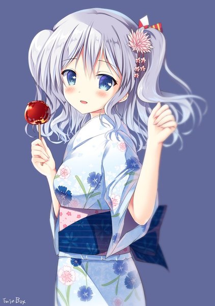 Anime picture 800x1136 with kantai collection kashima training cruiser sousouman single tall image looking at viewer fringe short hair open mouth blue eyes simple background smile hair between eyes standing twintails payot silver hair traditional clothes japanese clothes hair flower