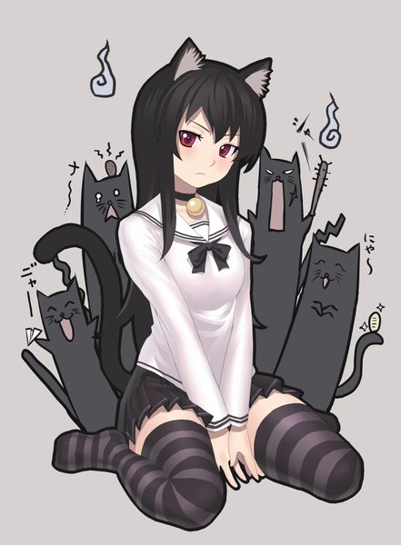 Anime picture 589x800 with original k-suke k+ single long hair tall image looking at viewer blush fringe black hair simple background red eyes sitting animal ears tail head tilt animal tail pleated skirt cat ears grey background