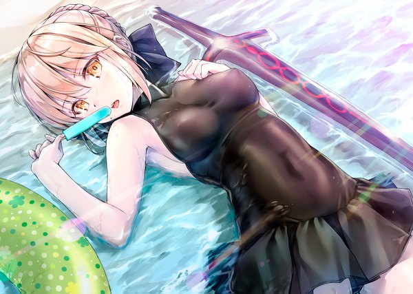 Anime picture 1200x855 with fate (series) fate/grand order artoria pendragon (all) artoria pendragon (alter swimsuit rider) (fate) kotatsu (kotatsu358) single looking at viewer blush fringe short hair open mouth light erotic blonde hair hair between eyes yellow eyes payot lying braid (braids) from above wet