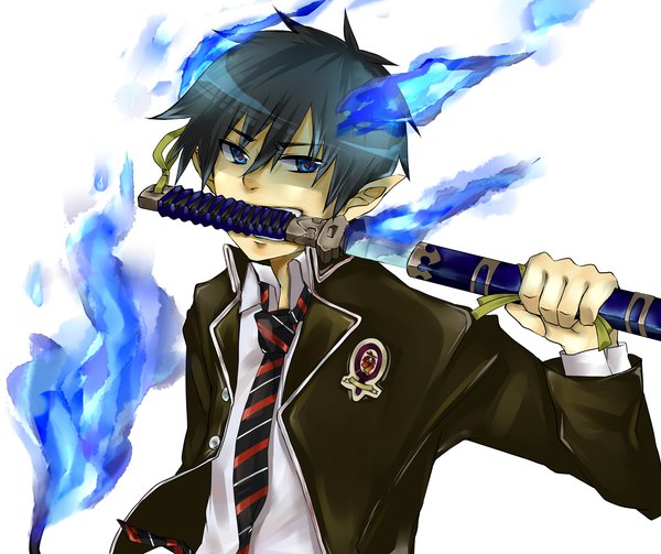 Anime picture 2149x1800 with ao no exorcist a-1 pictures okumura rin cha kitsune single fringe highres short hair blue eyes black hair hair between eyes white background holding upper body pointy ears mouth hold glowing unsheathing boy weapon
