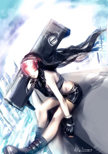Anime picture 1240x1754 with original aditya777 (artist) single long hair tall image black hair sitting girl gloves shorts boots fingerless gloves building (buildings) mask