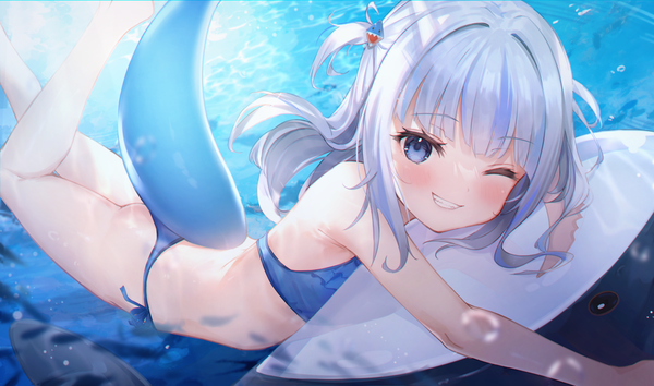 Anime picture 2101x1240 with virtual youtuber hololive hololive english gawr gura kyaroru single long hair looking at viewer blush fringe highres blue eyes light erotic smile wide image payot silver hair bent knee (knees) ass tail