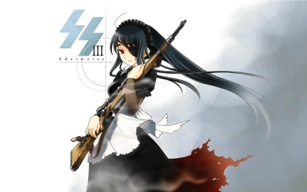 Anime picture 1280x800 with edelweiss (inspire) single long hair black hair red eyes wide image ahoge maid torn clothes girl headdress gun maid headdress eyepatch tagme