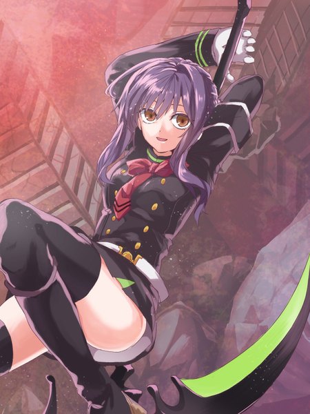 Anime picture 1200x1600 with owari no seraph wit studio hiiragi shinoa tamao single long hair tall image fringe light erotic smile hair between eyes brown eyes payot looking away purple hair bent knee (knees) ass long sleeves parted lips arms up
