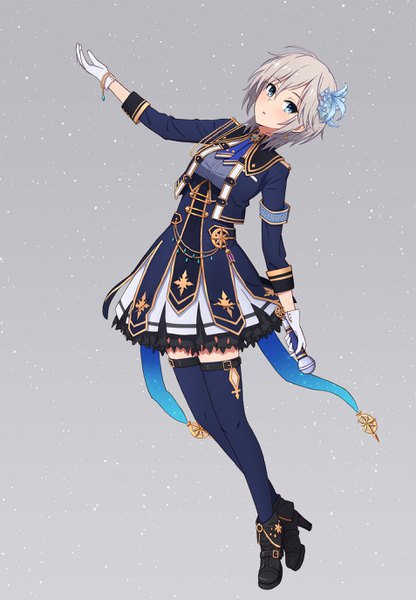 Anime picture 1906x2747 with idolmaster idolmaster cinderella girls anastasia (idolmaster) yahiro (epicopeiidae) single tall image looking at viewer highres short hair blue eyes simple background silver hair full body grey background :o zettai ryouiki outstretched arm story of the revolving stars girl thighhighs