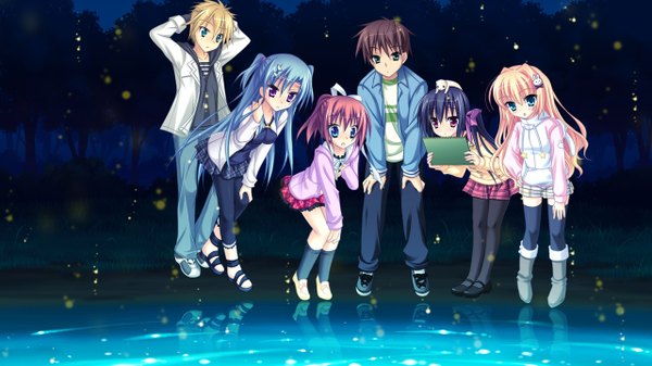 Anime picture 1280x720 with kisaragi gold star (game) fujimaru mikoto blue eyes black hair blonde hair brown hair wide image purple eyes multiple girls blue hair game cg night multiple boys girl boy 2 boys 4 girls