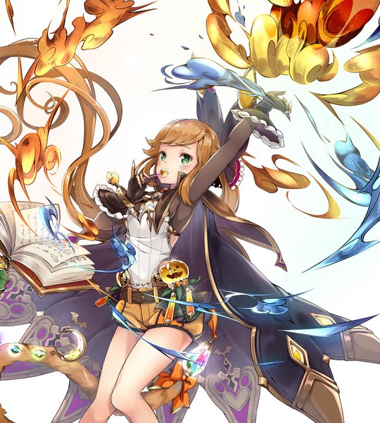Anime picture 1620x1800 with granblue fantasy clarisse (granblue fantasy) pilokey single tall image blush fringe simple background brown hair white background holding green eyes looking away ponytail tail very long hair arm up floating hair magic facial mark