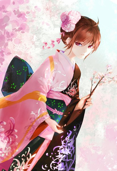 Anime picture 2031x2952 with fate (series) fate/grand order kara no kyoukai type-moon ryougi shiki su xiao (mikaduki) single tall image looking at viewer fringe highres short hair red eyes brown hair holding ahoge long sleeves traditional clothes japanese clothes blurry