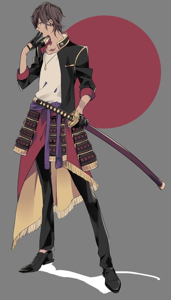 Anime picture 1300x2279 with touken ranbu nitroplus ookurikara syubare single tall image looking at viewer short hair simple background brown hair standing holding full body profile grey background tattoo hand to mouth sheathed boy gloves