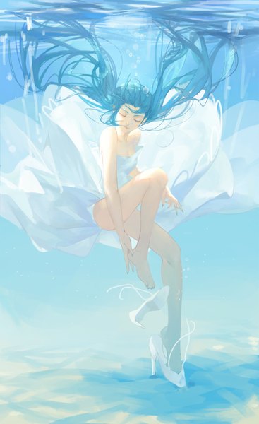 Anime picture 2407x3931 with vocaloid hatsune miku g q single tall image highres light erotic simple background standing bare shoulders blue hair bent knee (knees) eyes closed very long hair nail polish head tilt barefoot sunlight bare legs shadow