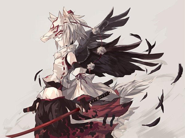Anime picture 1000x750 with touhou inubashiri momiji makai no juumin short hair white background animal ears white hair tail profile black wings girl ribbon (ribbons) weapon detached sleeves sword wings katana feather (feathers) mask tokin hat