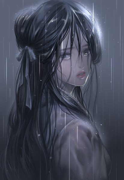 Anime picture 638x927 with original saeldam single long hair tall image fringe breasts black hair hair between eyes large breasts looking away upper body traditional clothes parted lips head tilt japanese clothes looking back lips blurry night