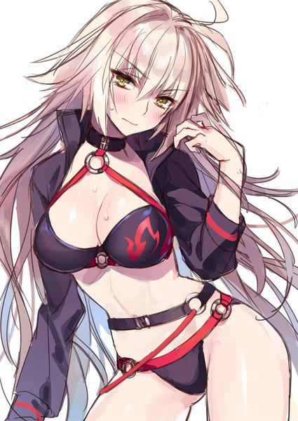 Anime picture 800x1130 with fate (series) fate/grand order jeanne d'arc (fate) (all) jeanne d'arc alter (fate) jeanne d'arc alter (swimsuit berserker) (fate) comeo single long hair tall image looking at viewer blush fringe breasts light erotic simple background large breasts standing white background yellow eyes cleavage