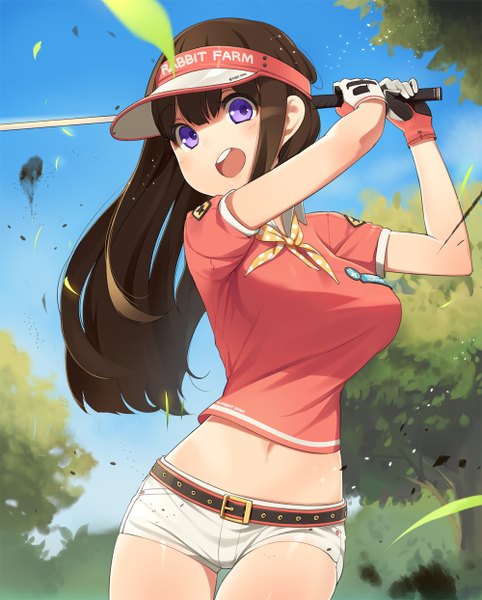 Anime picture 1000x1244 with original ssberit single long hair tall image blush open mouth black hair purple eyes girl gloves navel plant (plants) tree (trees) shorts leaf (leaves) flat cap white shorts golf club