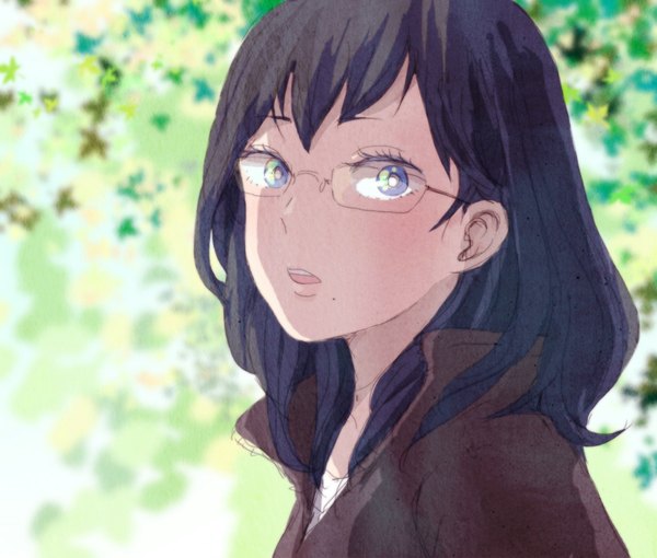 Anime picture 1054x896 with haikyuu!! production i.g shimizu kiyoko iko (pixiv1864592) single long hair looking at viewer blush black hair brown hair purple eyes looking away purple hair parted lips mole grey eyes open collar mole under mouth green background girl