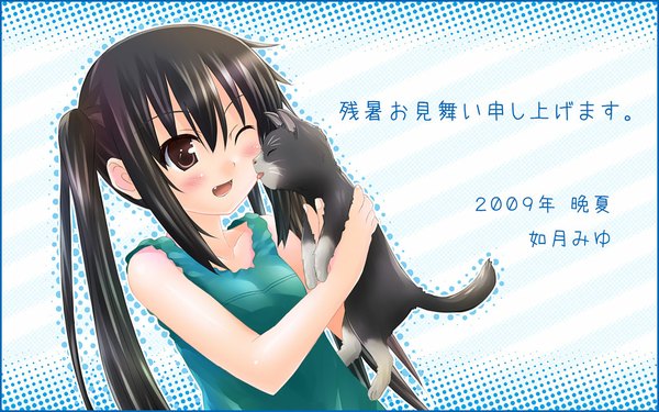 Anime picture 1024x640 with k-on! kyoto animation nakano azusa kisaragi miyu single long hair black hair wide image twintails brown eyes licking casual zanshomimai animal cat