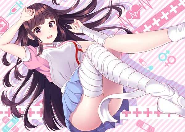 Anime picture 2240x1600 with dangan ronpa super dangan ronpa 2 tsumiki mikan nabekokoa single long hair looking at viewer blush fringe highres breasts open mouth light erotic brown hair brown eyes bent knee (knees) blunt bangs pleated skirt arm up mole