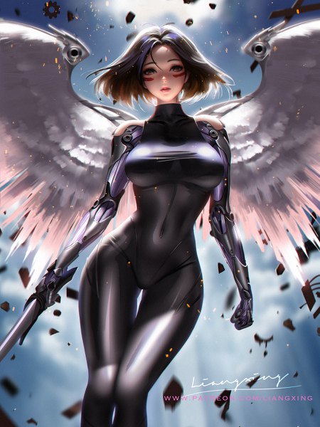 Anime picture 900x1200 with battle angel alita gally liang xing single tall image looking at viewer fringe short hair breasts light erotic hair between eyes brown hair bare shoulders holding brown eyes signed sky realistic depth of field lipstick